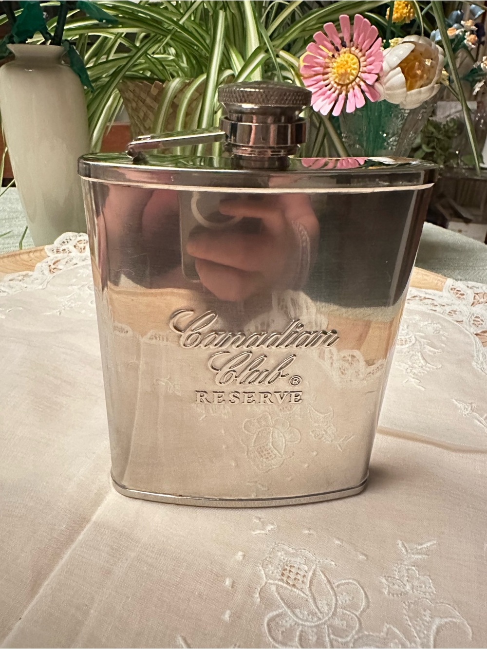 Vintage Canadian Club Reserve Stainless Steel Whiskey Hip Flask
